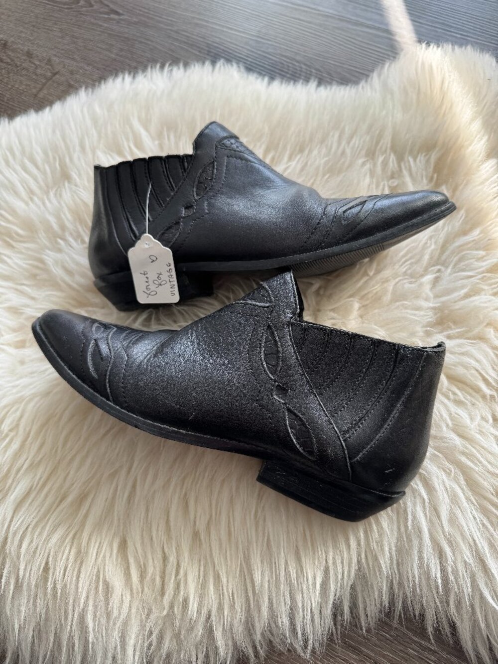 Vintage 90s Palomino Black Leather Ankle Boots | Western Stitch Witchy Boho 6.5